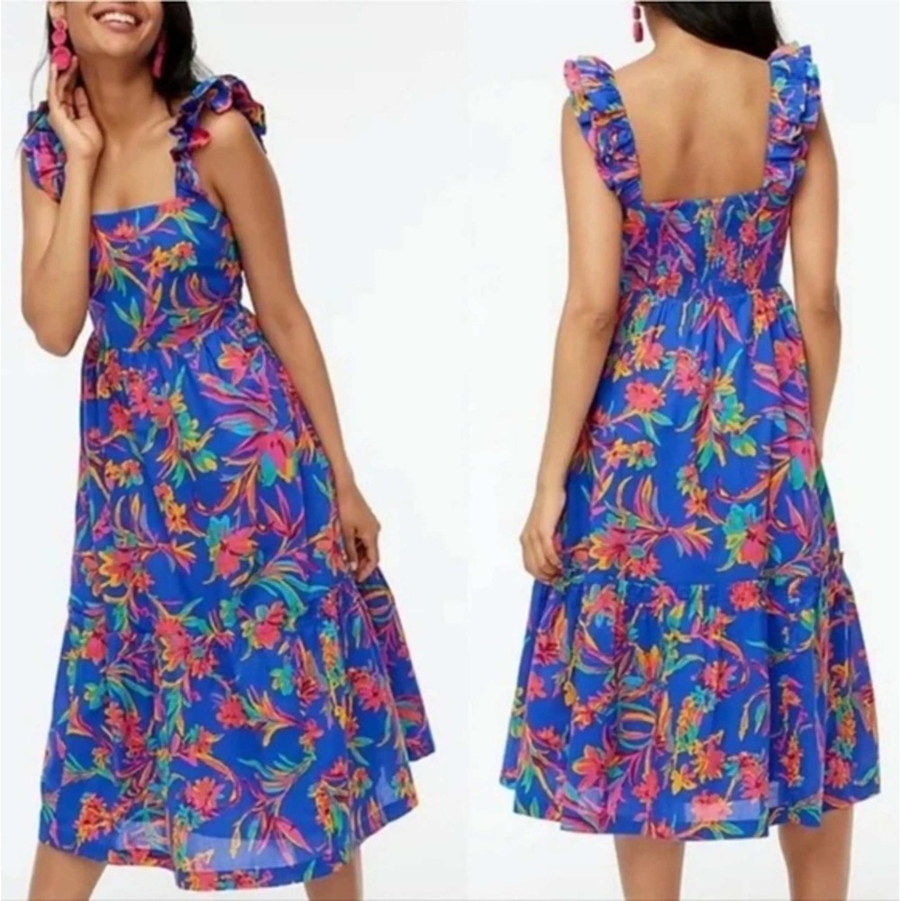 J.Crew Midi Dress Women Size‎ 8 Blue Floral Ruffle Tiered Cotton Re-Imagined